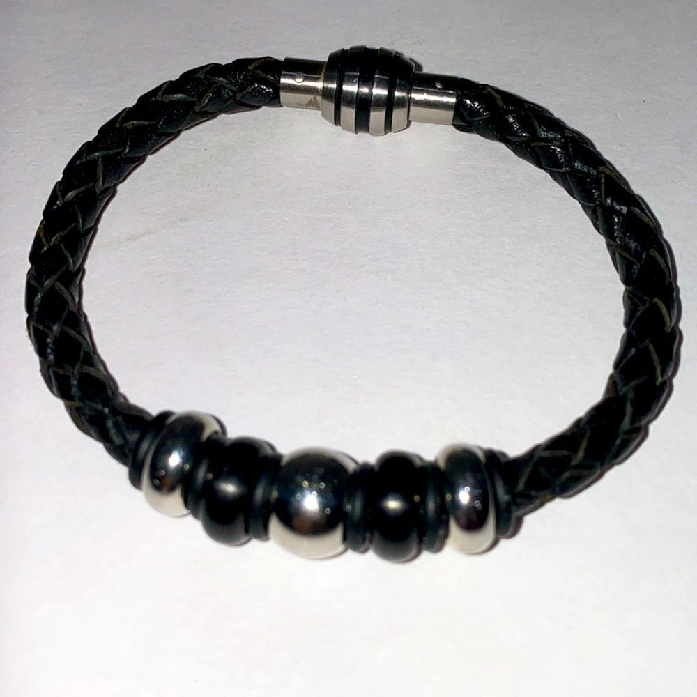 Men's Black Braided Leather Stainless Steel 316L Bracelet